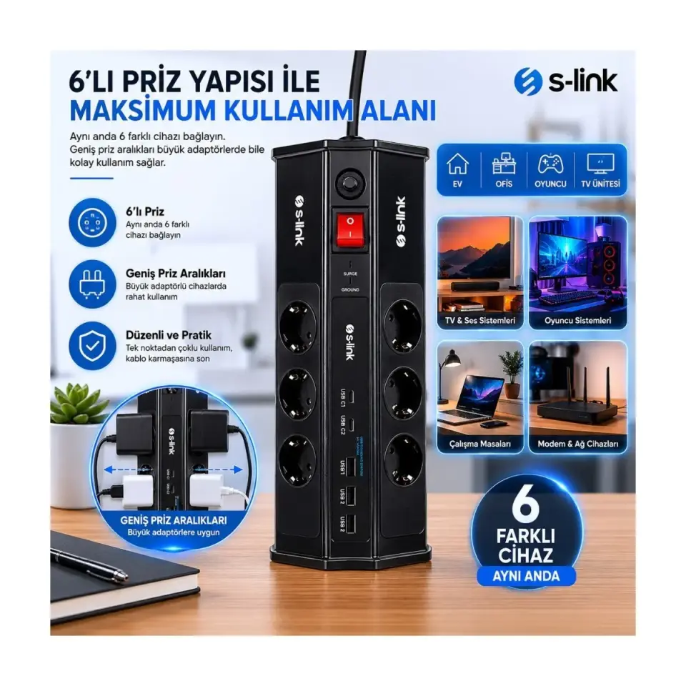S-Link Prz03 Akim Korumali Priz Prizhive 3M 630 Joule 1.5Mm 2 Usb 2 Typec 2.4A/5V500V 6000V 6Li