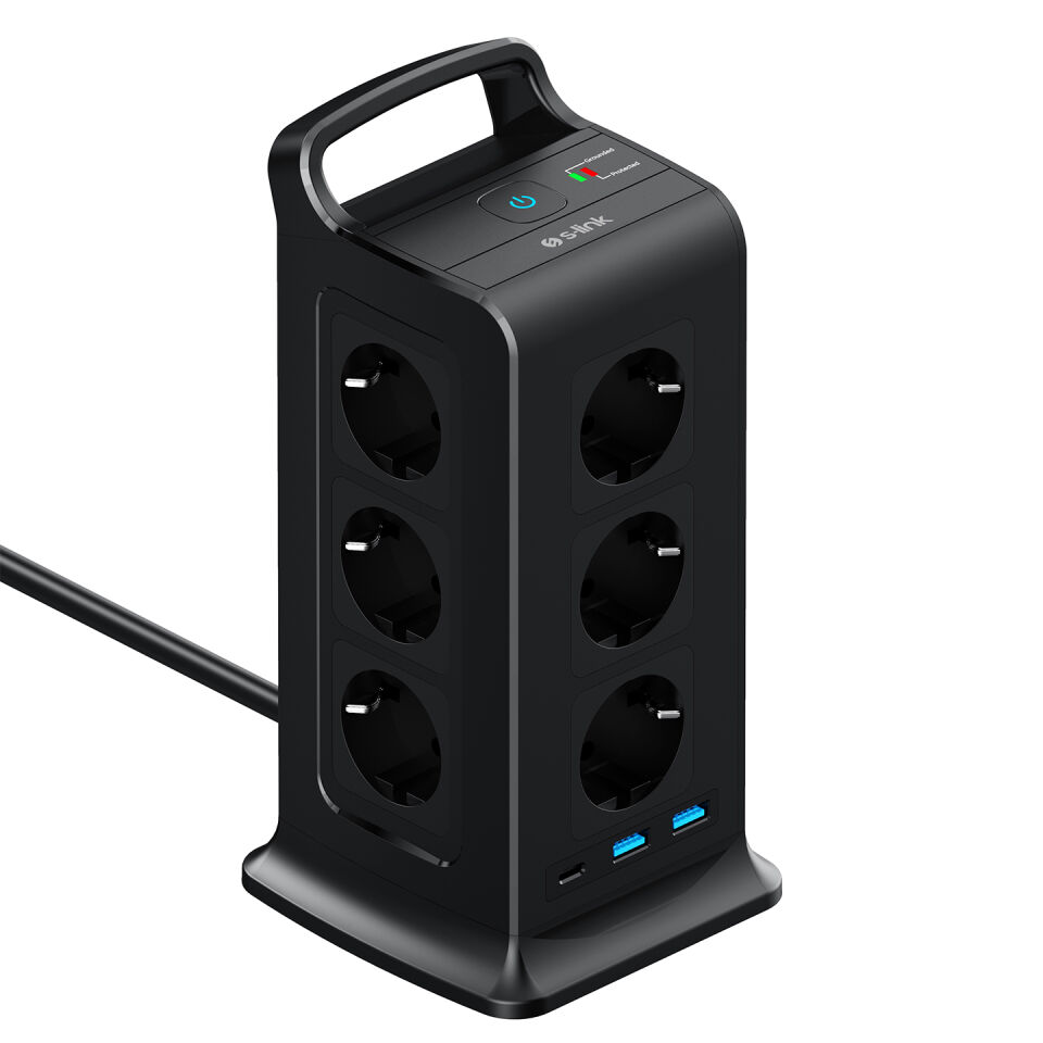 S-Link Prz02 Akim Koruma Grup Priz Voltbar 12 Soketli 2*Usb+Type-C Pd Hizli Sarjli 2M 1050 Joule Tam Bakir Kablolu Kule Akim Koruma Grup Priz