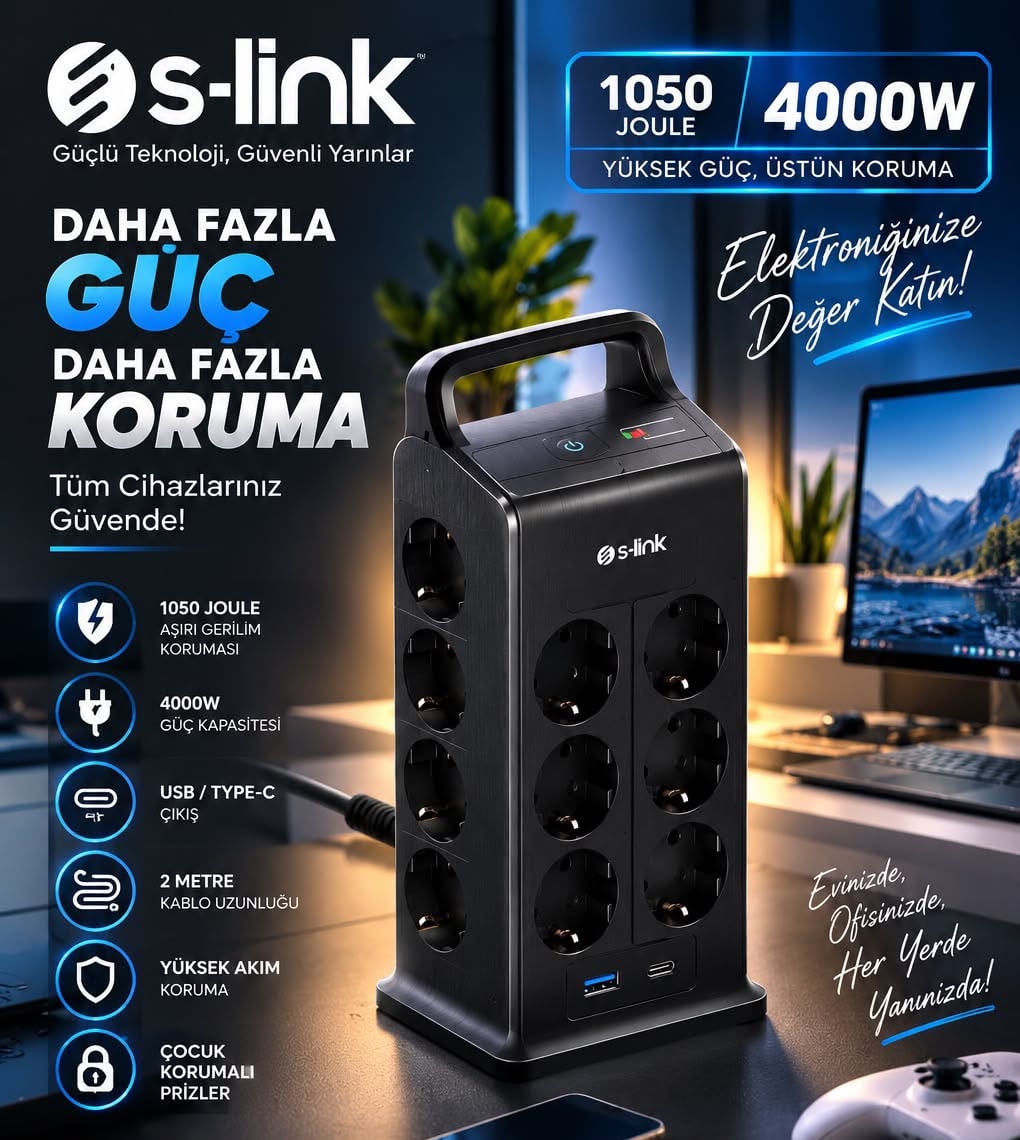 S-Link Prz02 Akim Koruma Grup Priz Voltbar 12 Soketli 2*Usb+Type-C Pd Hizli Sarjli 2M 1050 Joule Tam Bakir Kablolu Kule Akim Koruma Grup Priz