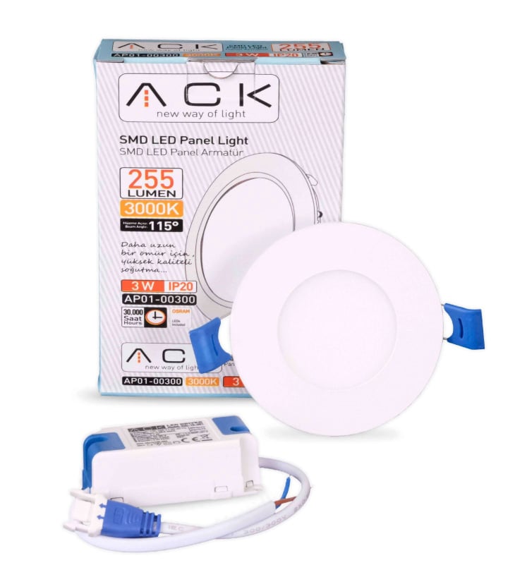 Ack Sıva Altı Yuvarlak Led Panel Beyaz 3W 3000K en uygun fiyatlı satıcı