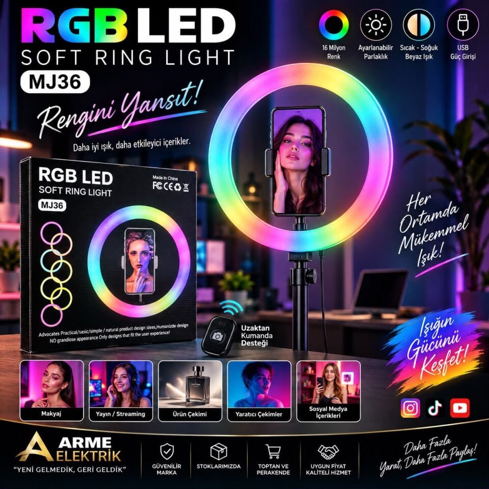 MJ36 RGB LED Halka Işık - Telefon Tutuculu Çok Renkli Soft Ring Light - Canlı Yayın & Makyaj Işığı