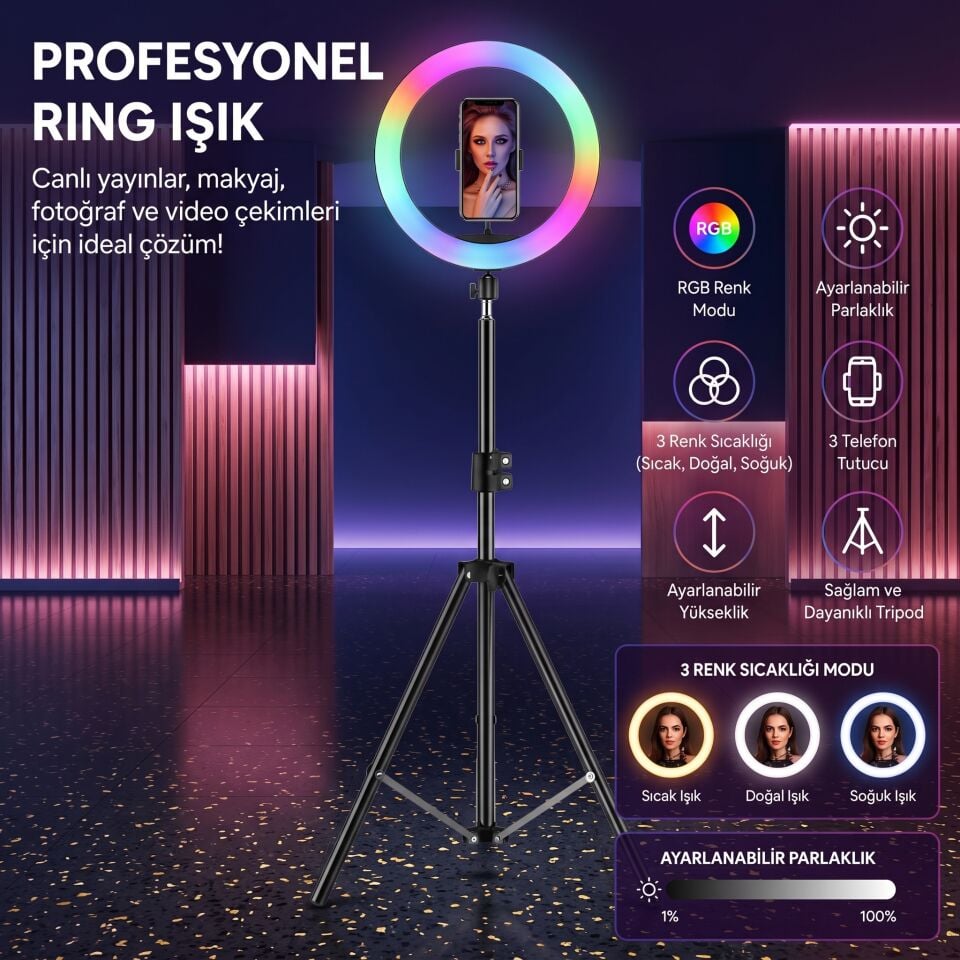 MJ36 RGB LED Halka Işık - Telefon Tutuculu Çok Renkli Soft Ring Light - Canlı Yayın & Makyaj Işığı
