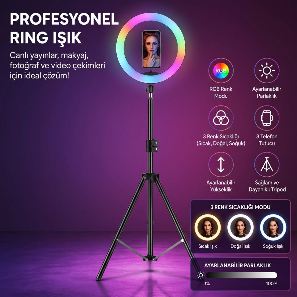 MJ36 RGB LED Halka Işık - Telefon Tutuculu Çok Renkli Soft Ring Light - Canlı Yayın & Makyaj Işığı
