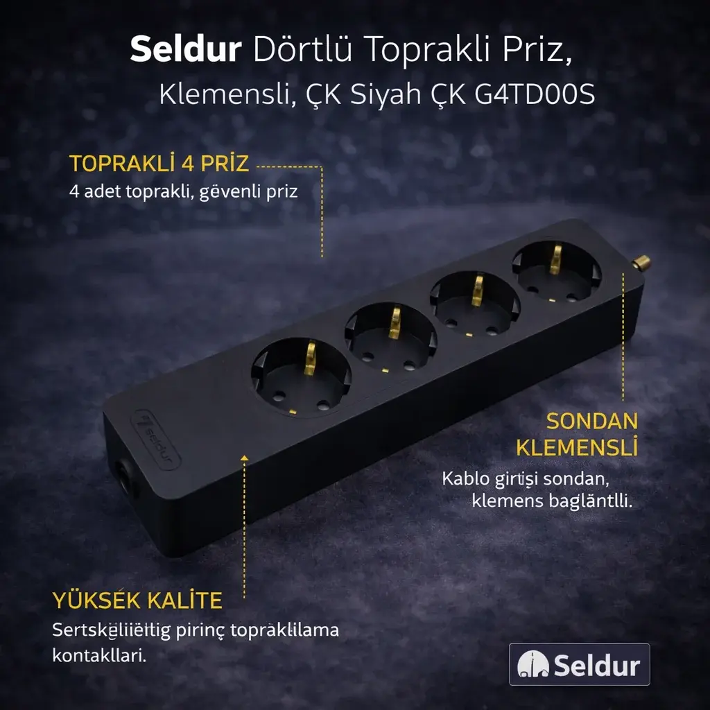 Seldur Dörtlü Toprakli Priz, Klemensli, ÇK Siyah ÇK G4TD00S