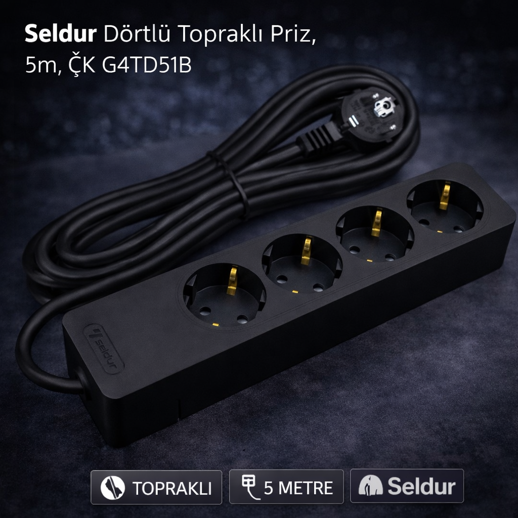 Seldur  Dörtlü Toprakli Priz, 5m, ÇK G4TD51B