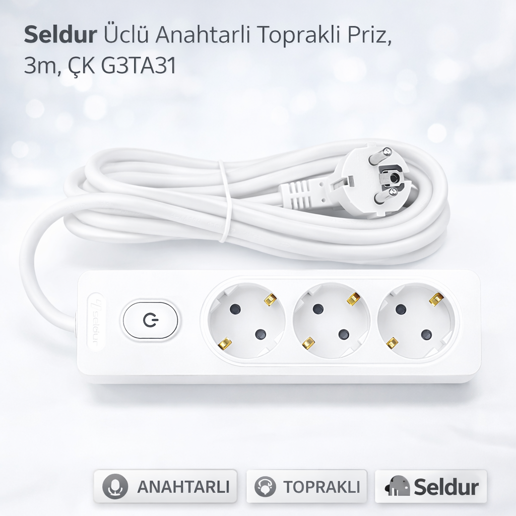 Seldur Üçlü Anahtarli Toprakli Priz, 3m, ÇK G3TA31