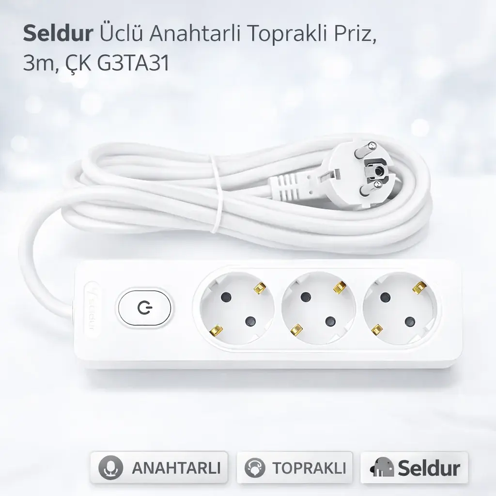 Seldur Üçlü Anahtarli Toprakli Priz, 3m, ÇK G3TA31