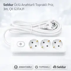 Seldur Üçlü Anahtarli Toprakli Priz, 3m, ÇK G3TA31