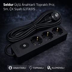 Seldur Üçlü Anahtarli Toprakli Priz, 5m, ÇK Siyah G3TA51S
