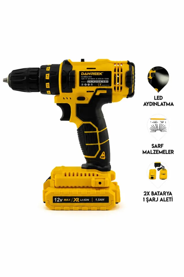 Dawreek 12V Şarjlı Matkap Seti 1.5Ah Çift Bataryalı Vidalama ve Delme Makinesi 24 Parça Aksesuar Seti 2 Adet 1.5Ah Şarjlı Batarya