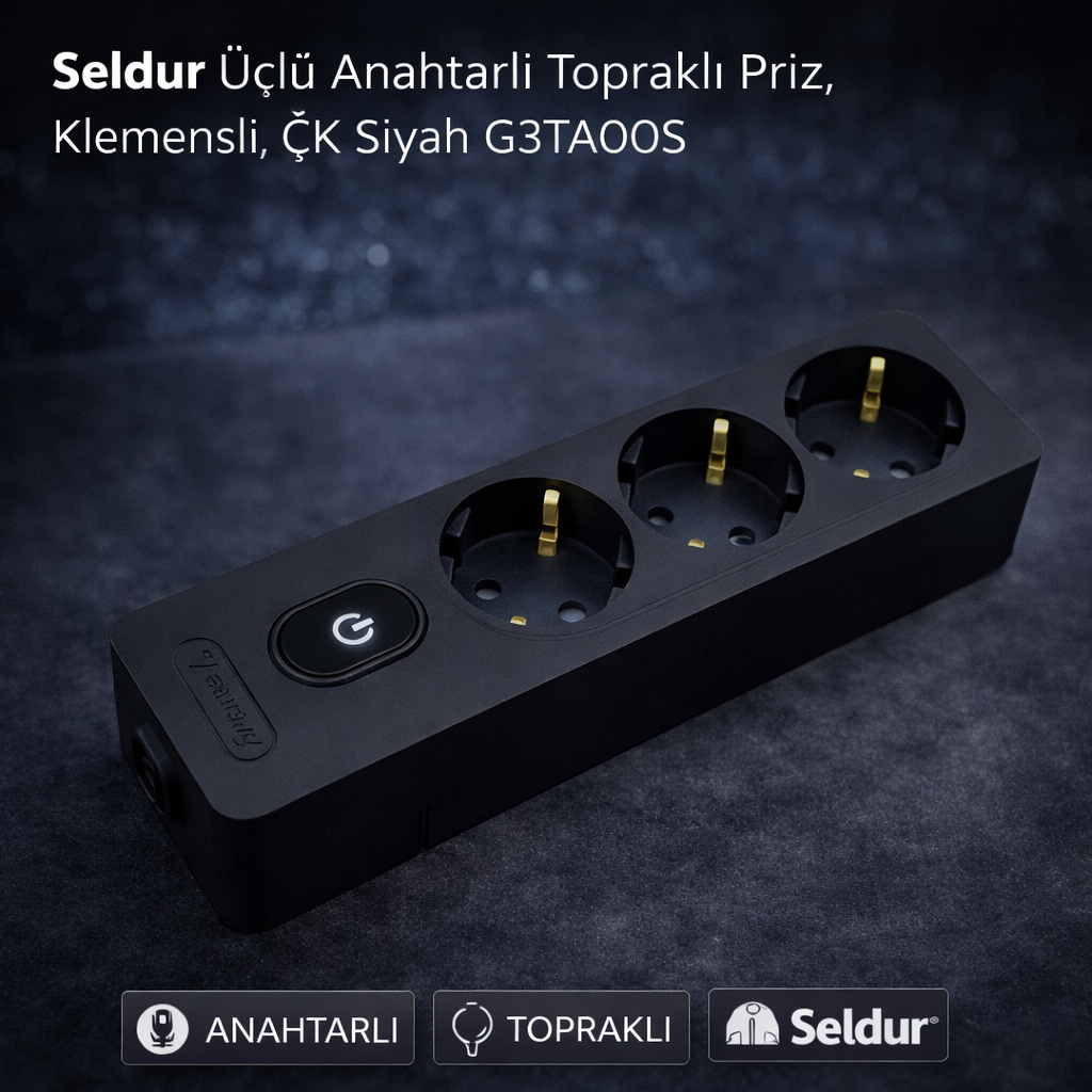Seldur Üçlü Anahtarli Toprakli Priz, Klemensli, ÇK Siyah G3TA00S