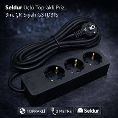 Seldur Üçlü Toprakli Priz, 3m, ÇK Siyah G3TD31S