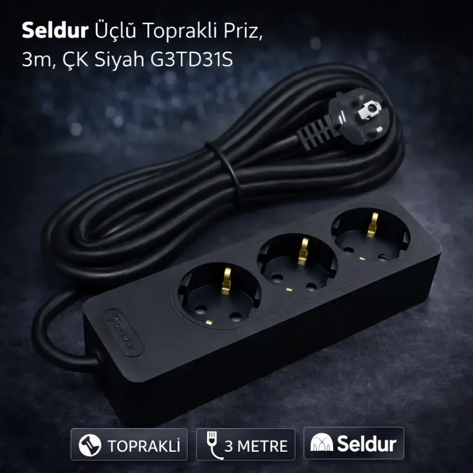 Seldur Üçlü Toprakli Priz, 3m, ÇK Siyah G3TD31S