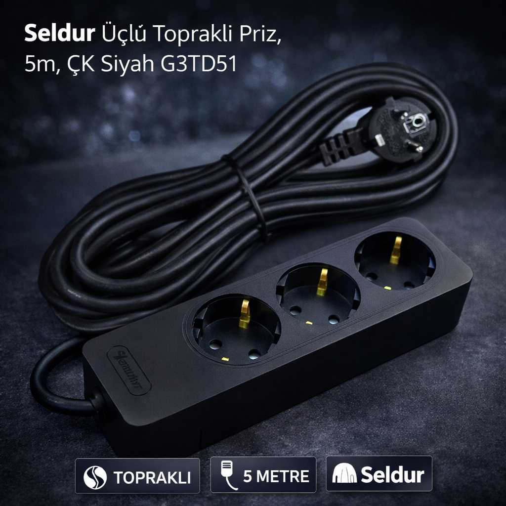 Seldur Üçlü Toprakli Priz, 5m, ÇK Siyah G3TD51