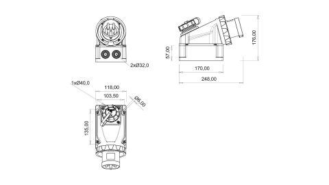 Bemis  4/63A. 90° Eğik 1/16A. M. Prizli Duvar Fiş   IP67 BC1-4504-7238