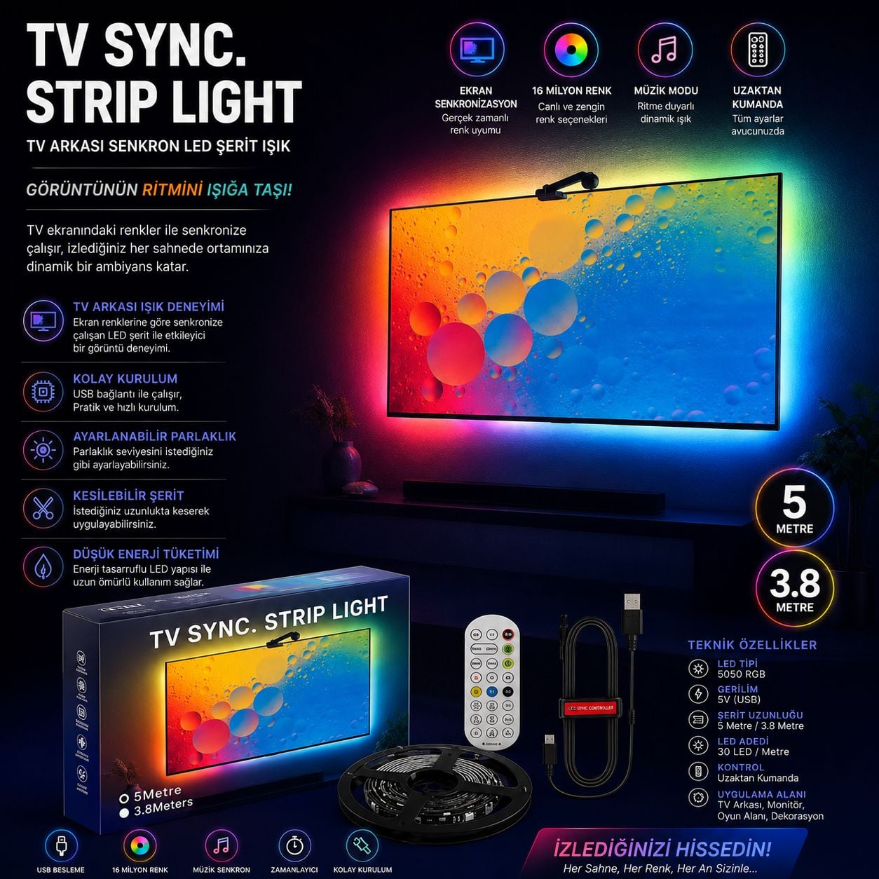 Tv Arkasi 5 Mt Serit Rgb + Kamera Usb 5V
