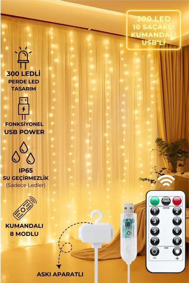Perde Led Işık 3 X 3 Metre 300 Ledli Kumandalı Usb'li 8 Animasyonlu