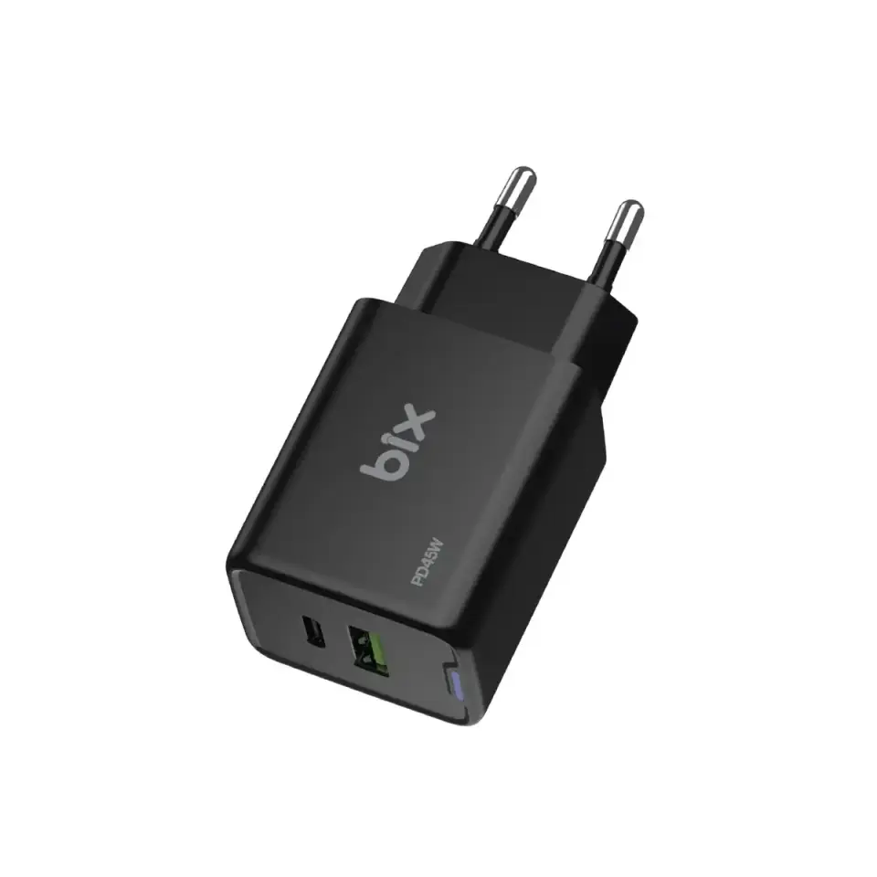 Bix Akım Korumalı Hızlı Şarj Cihazı Siyah BX2P46G GaN PD 45W Type-C ve USB-A QC 18W Çift Portlu