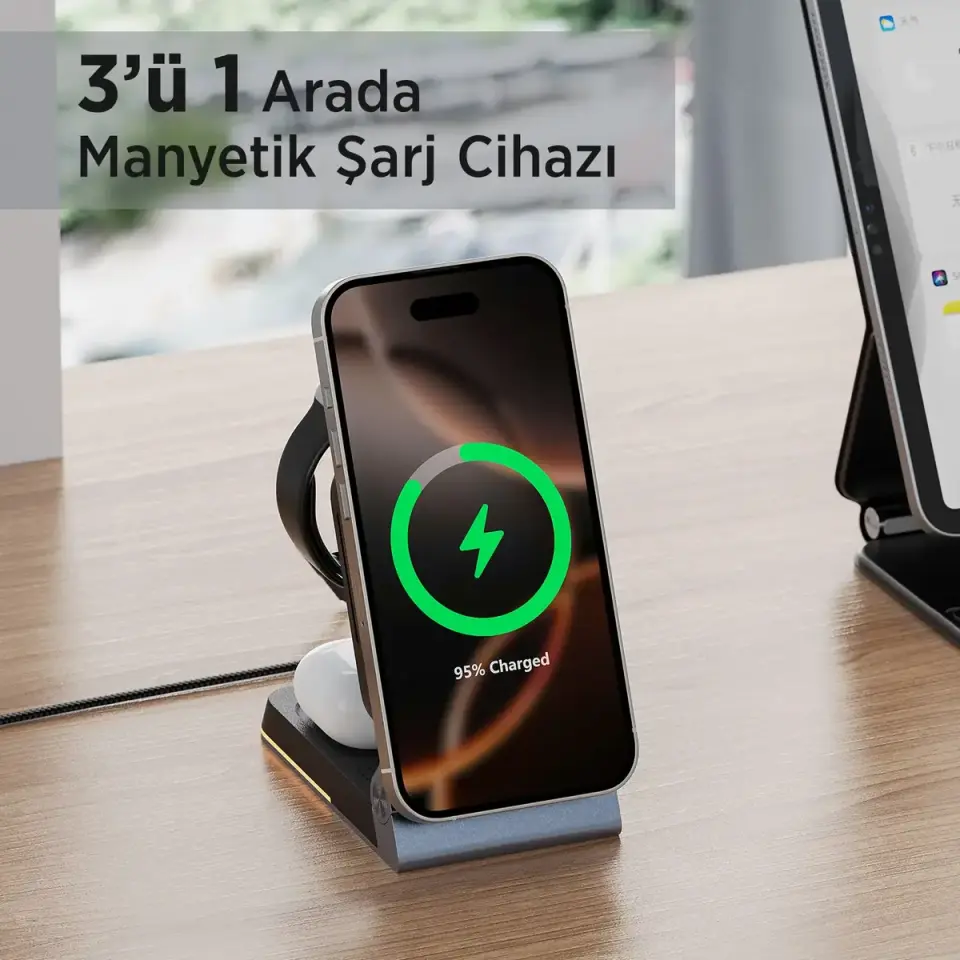Bix BXMW5 3’ü 1 Arada 15W Akıllı Telefon TWS Kulaklık ve Akıllı Saat için Katlanabilir Manyetik Kablosuz Şarj Cihazı