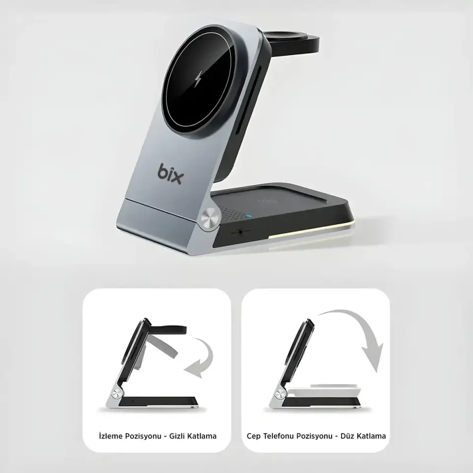 Bix BXMW5 3’ü 1 Arada 15W Akıllı Telefon TWS Kulaklık ve Akıllı Saat için Katlanabilir Manyetik Kablosuz Şarj Cihazı