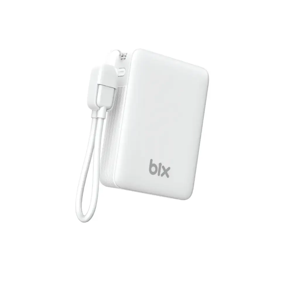 Bix PB116 10000mAh PD20W Hizli Sarj, LED Ekran ve USB-C & USBA Çikisli, Dahili Type-C Kablolu Mini Powerbank Beyaz