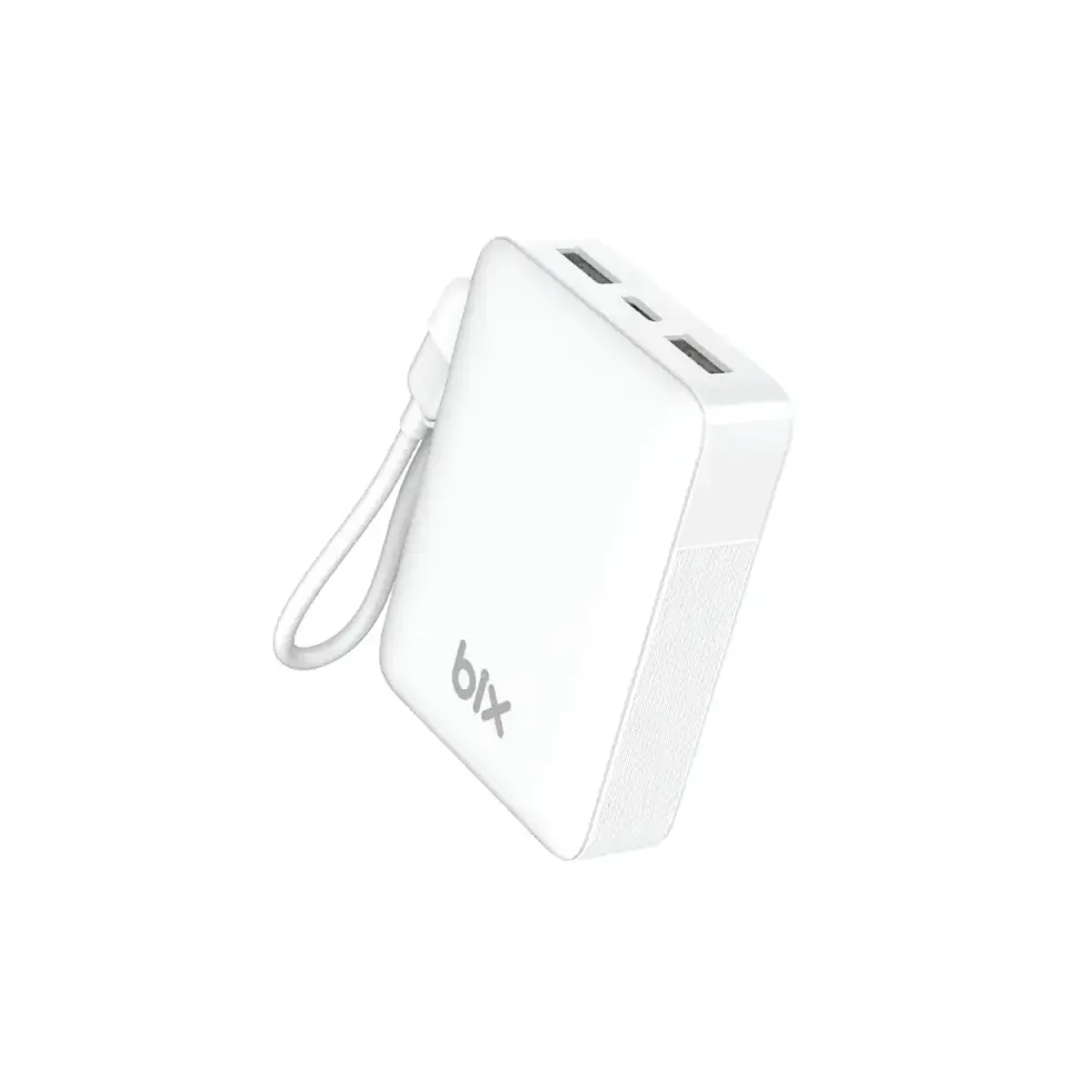 Bix PB116 10000mAh PD20W Hizli Sarj, LED Ekran ve USB-C & USBA Çikisli, Dahili Type-C Kablolu Mini Powerbank Beyaz