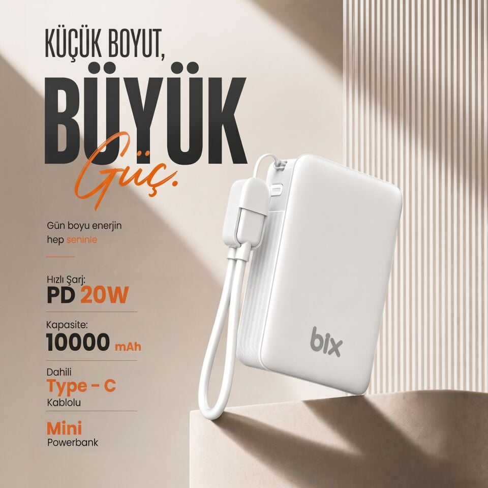 Bix PB116 10000mAh PD20W Hizli Sarj, LED Ekran ve USB-C & USBA Çikisli, Dahili Type-C Kablolu Mini Powerbank Beyaz