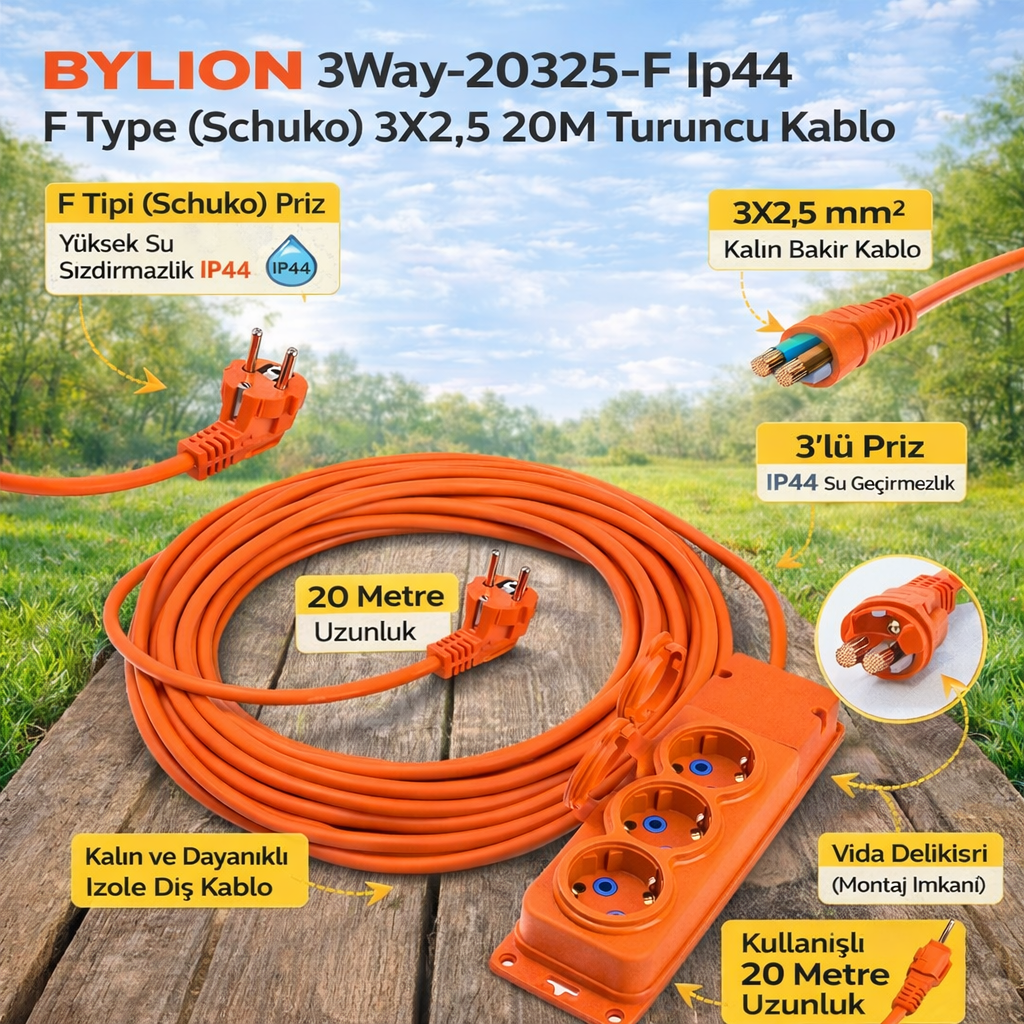BYLION 3Way-20325-F Ip44 F Type (Schuko) 3X2,5 20M Turuncu Kablo