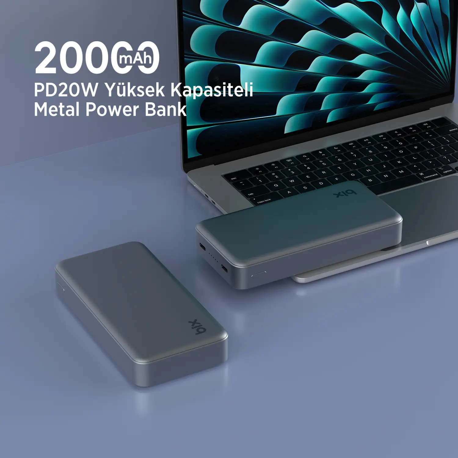 Bix PB205 20000mAh PD 20W Çift USB-C Portlu Hizli Sarj Destekli Tasinabilir Metal Powerbank Koyu Gri