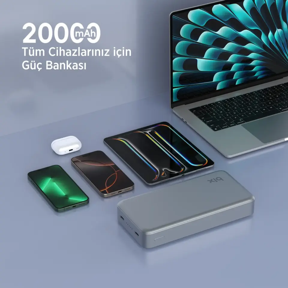 Bix PB205 20000mAh PD 20W Çift USB-C Portlu Hizli Sarj Destekli Tasinabilir Metal Powerbank Koyu Gri