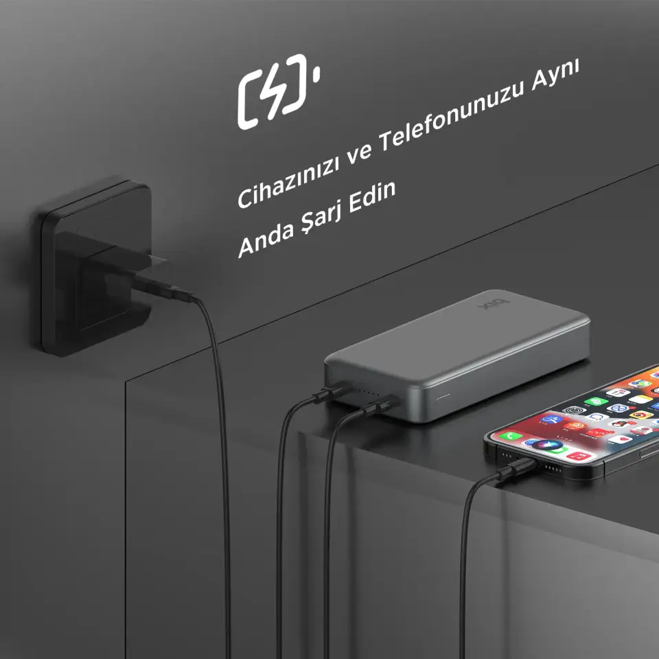 Bix PB205 20000mAh PD 20W Çift USB-C Portlu Hizli Sarj Destekli Tasinabilir Metal Powerbank Koyu Gri