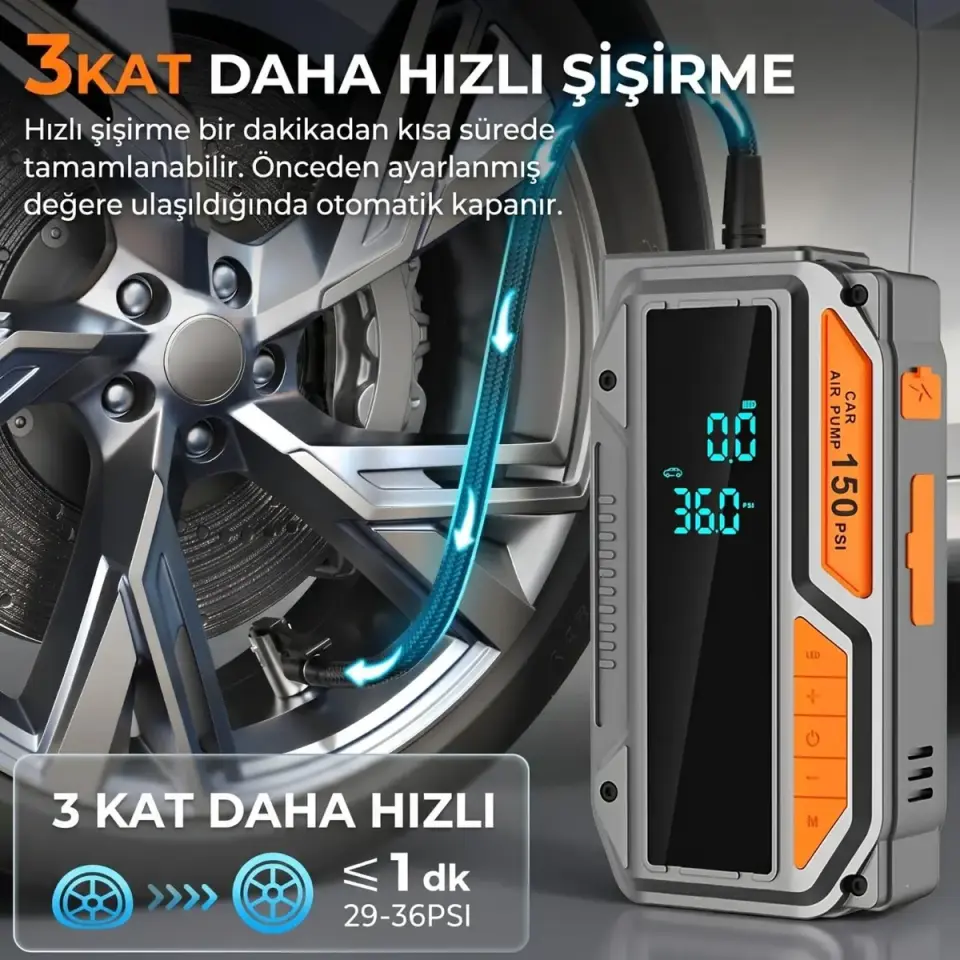 Enshall 10.000mAh Jump Starter Akü Takviyeli 1000A Tepe Akımlı Araç Lastik Şişirme Hava Kompresörü