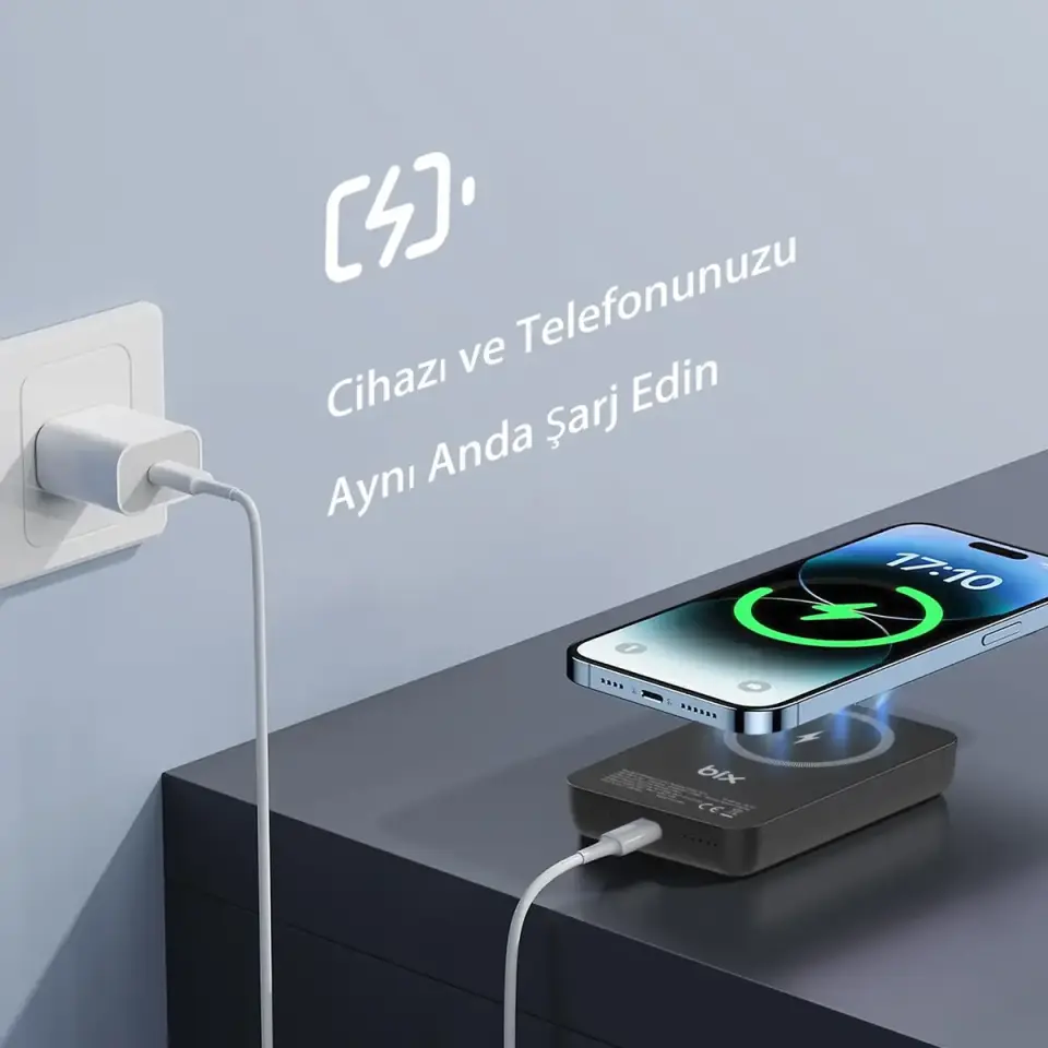 Bix PB112 15W Manyetik Kablosuz Şarj ve 20W USB-C Hızlı Şarj Destekli 10.000mAh MagSafe ve Qi Uyumlu Mini Powerbank