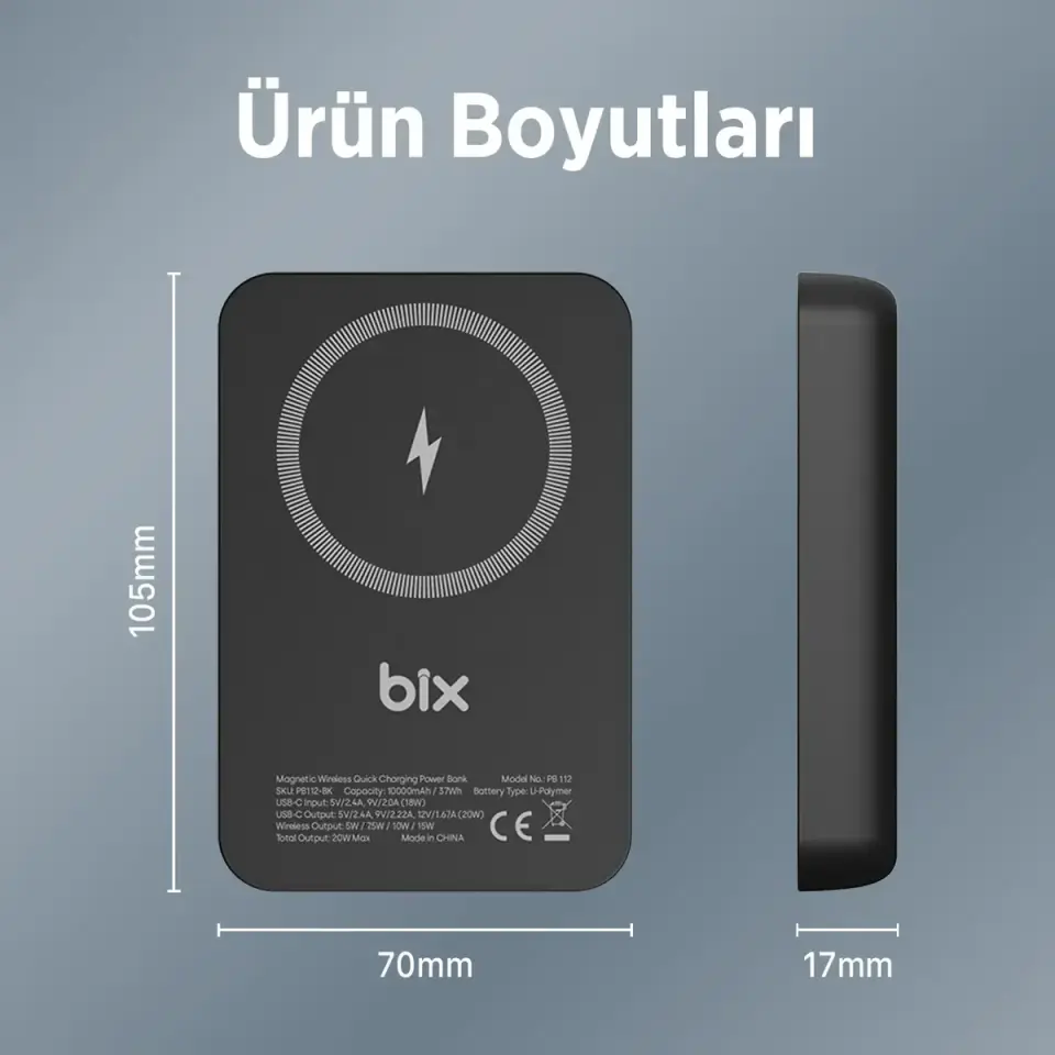 Bix PB112 15W Manyetik Kablosuz Şarj ve 20W USB-C Hızlı Şarj Destekli 10.000mAh MagSafe ve Qi Uyumlu Mini Powerbank