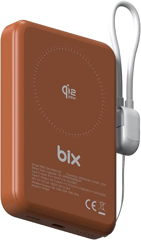 Bix Taşınabilir Hızlı Şarj Cihazı Turuncu PB121 Qi2.2 Sertifikalı 25W Kablosuz Magsafe PD 3.0 10000mAh Semi-Solid State Powerbank Dahili USB-C Kablolu