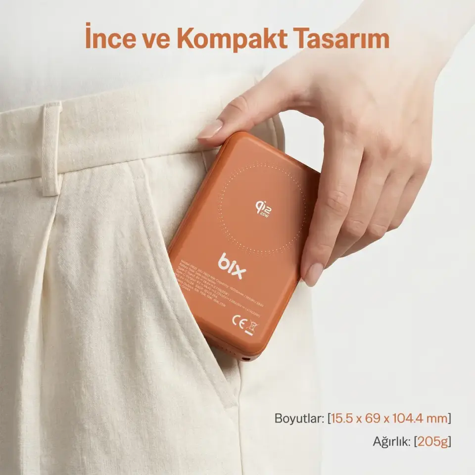 Bix Taşınabilir Hızlı Şarj Cihazı Turuncu PB121 Qi2.2 Sertifikalı 25W Kablosuz Magsafe PD 3.0 10000mAh Semi-Solid State Powerbank Dahili USB-C Kablolu
