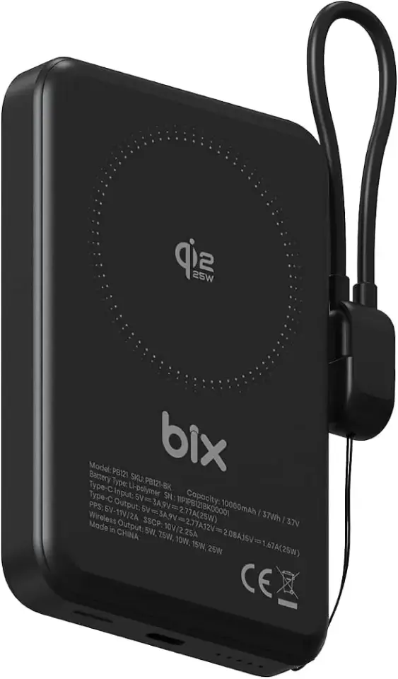 Bix Taşınabilir Hızlı Şarj Cihazı Siyah PB121 Qi2.2 Sertifikalı 25W Kablosuz Magsafe PD 3.0 10000mAh Semi-Solid State Powerbank Dahili USB-C Kablolu
