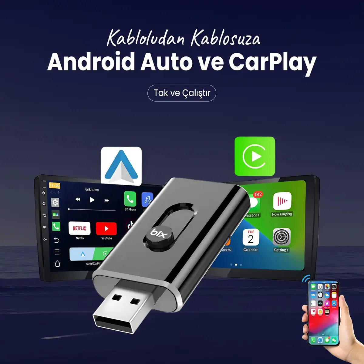 Bix Car Play Cb02 2.4G/5G WiFi CarPlay Android Auto Kabloludan Kablosuza Çevirici USB-A USB-C Çift Uçlu Hibrit Adaptör