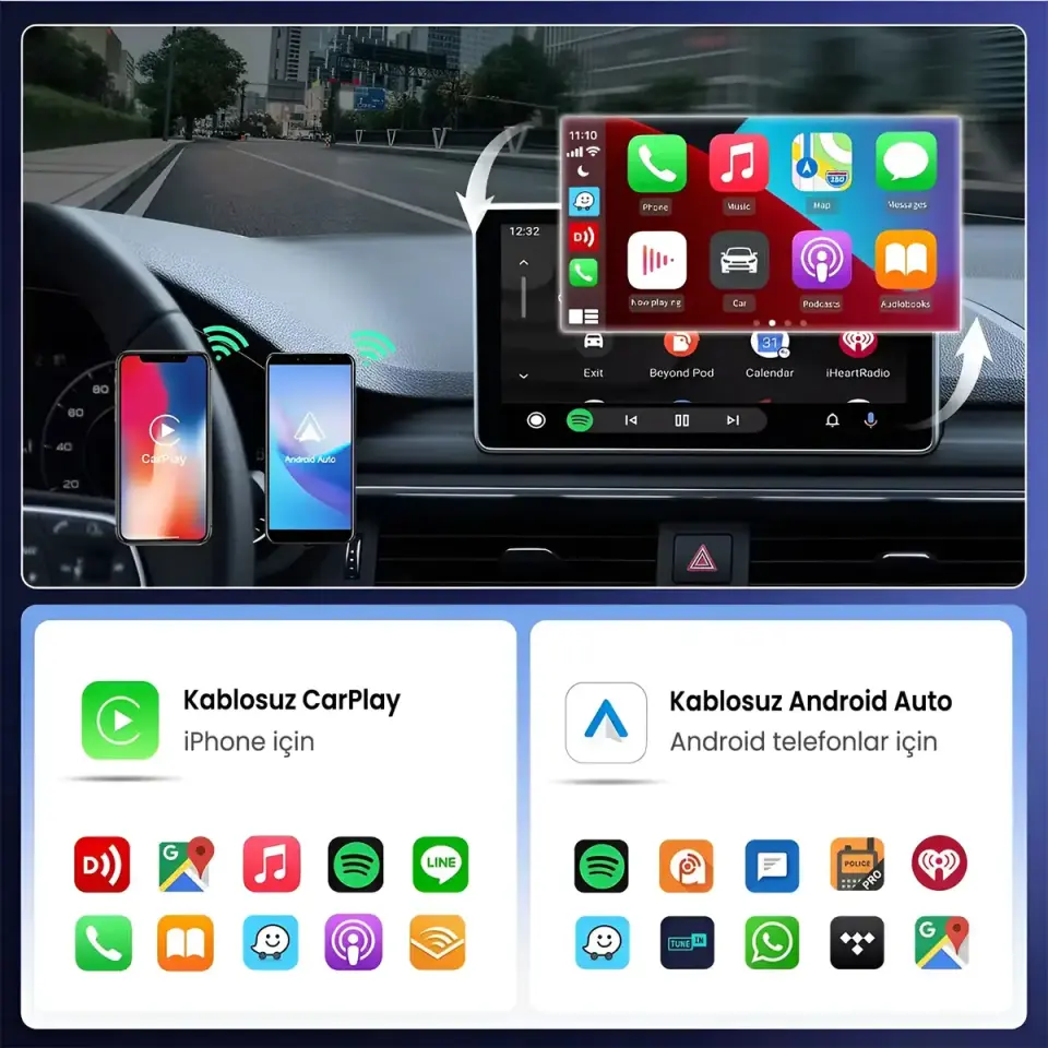 Bix Car Play Cb02 2.4G/5G WiFi CarPlay Android Auto Kabloludan Kablosuza Çevirici USB-A USB-C Çift Uçlu Hibrit Adaptör