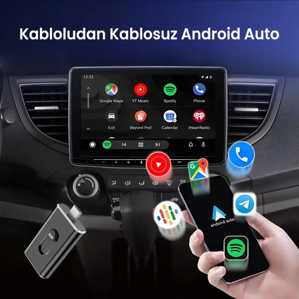 Bix Car Play Cb02 2.4G/5G WiFi CarPlay Android Auto Kabloludan Kablosuza Çevirici USB-A USB-C Çift Uçlu Hibrit Adaptör