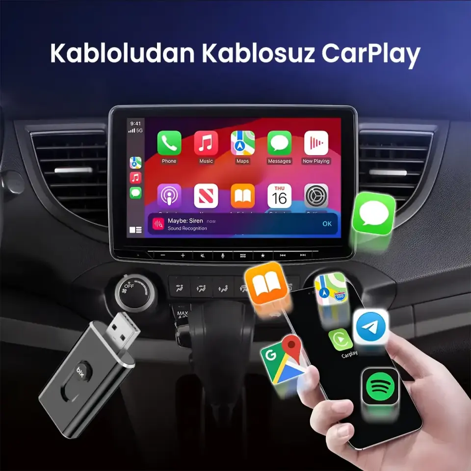 Bix Car Play Cb02 2.4G/5G WiFi CarPlay Android Auto Kabloludan Kablosuza Çevirici USB-A USB-C Çift Uçlu Hibrit Adaptör