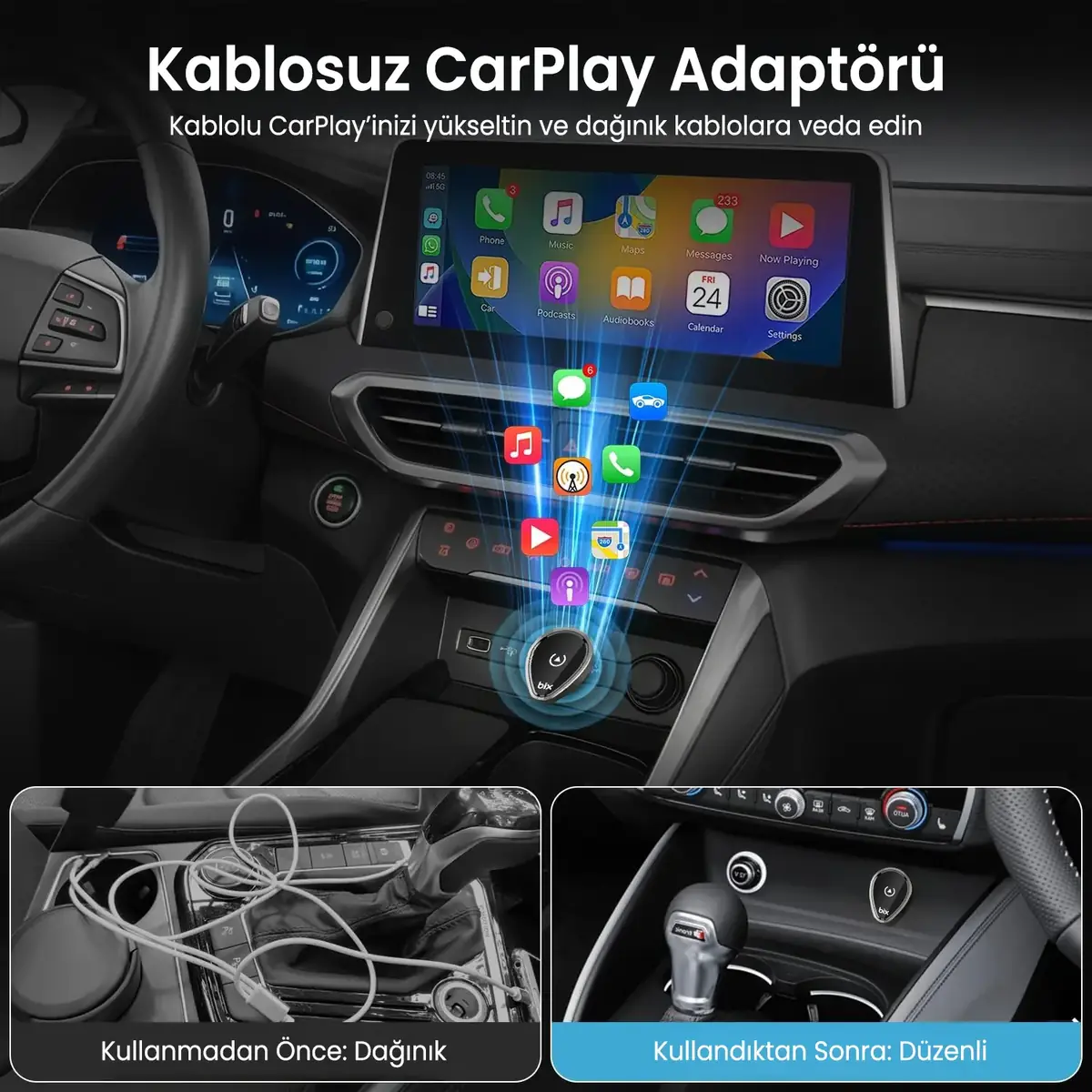 Bix Car Play CB01 2.4G/5G WiFi CarPlay Android Auto Kabloludan Kablosuza Çevirici USB Adaptör