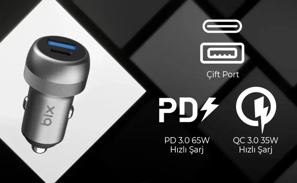Bix 100W Type-C PD 65W ve USB-A QC 35W PPS Destekli Çift Çıkışlı Mini Araç içi Hızlı Şarj Cihazı