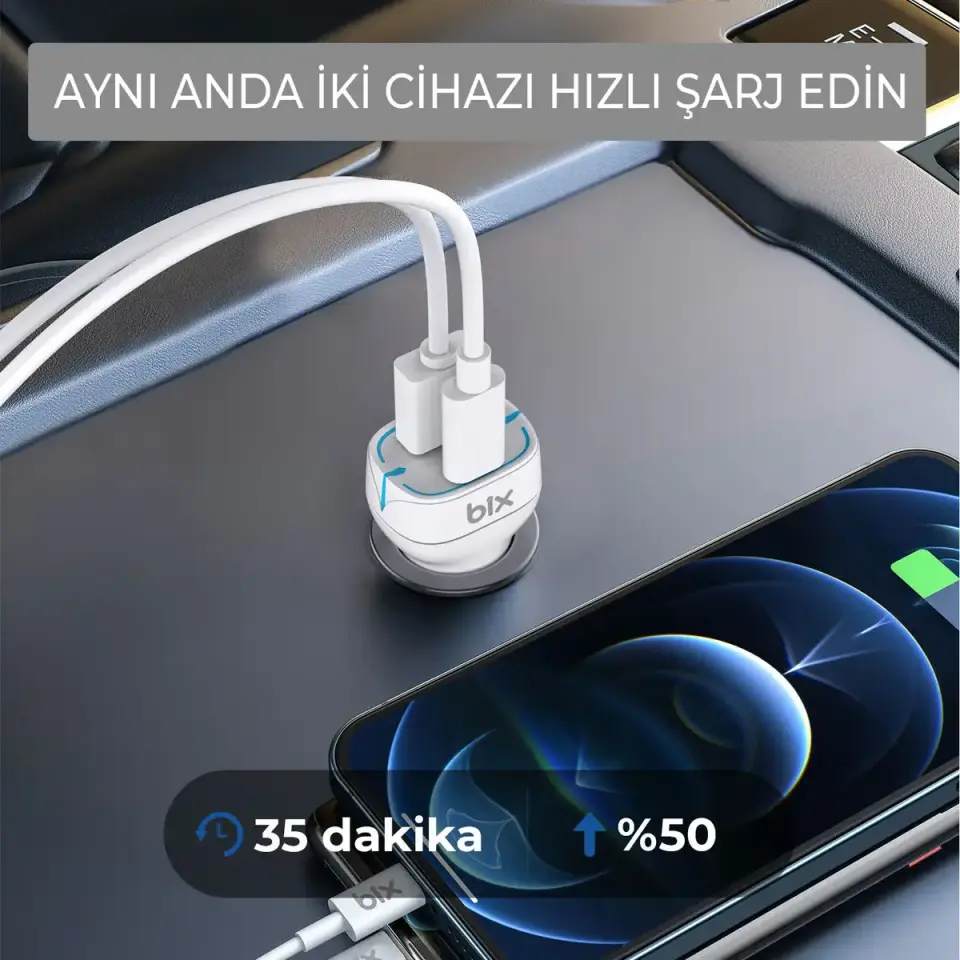 Bix 38W Type-C PD 20W ve USB-A QC 3.0 18W Çift Portlu LED Işıklı Araç Şarj Cihazı