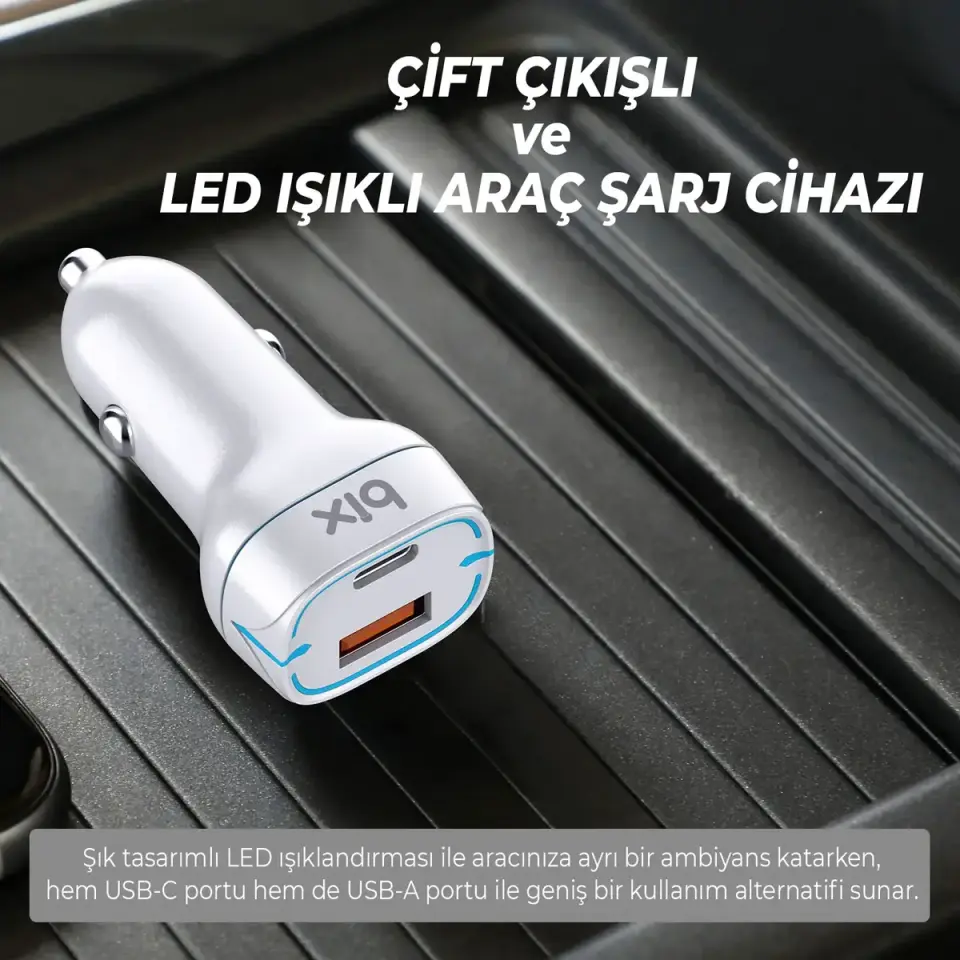 Bix 38W Type-C PD 20W ve USB-A QC 3.0 18W Çift Portlu LED Işıklı Araç Şarj Cihazı