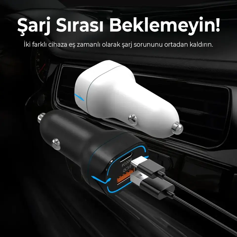 Bix 38W Type-C PD 20W ve USB-A QC 3.0 18W Çift Portlu LED Işıklı Araç Şarj Cihazı