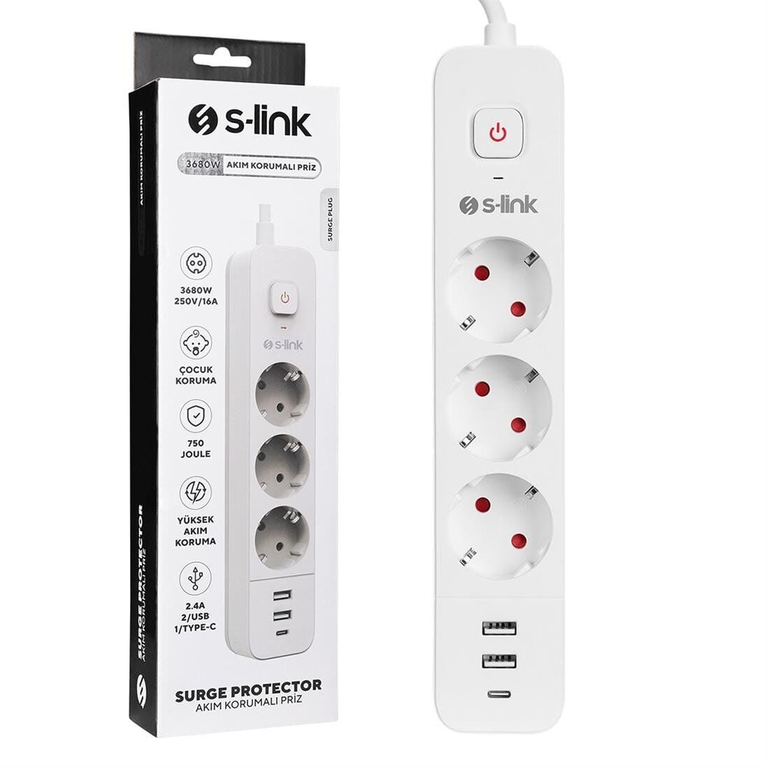 S-Link SPG03TC 2 Usb+1 Type C 5V2.4A 1,5 Mt 3X1 mm 750 Joule 3 Lü Anahtarli Akim Korumali Beyaz Priz