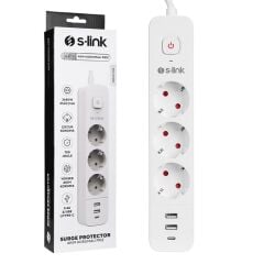 S-Link SPG03TC 2 Usb+1 Type C 5V2.4A 1,5 Mt 3X1 mm 750 Joule 3 Lü Anahtarli Akim Korumali Beyaz Priz