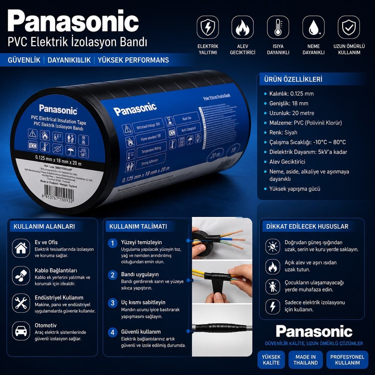 Panasonic Siyah Pvc Izole Bant 20 Mt 8''Li Paket
