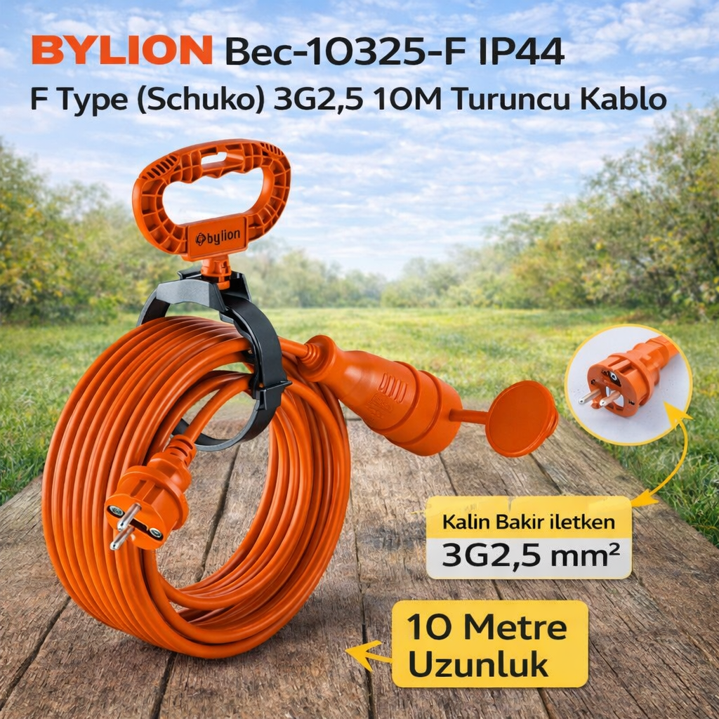 BYLION Bec-10325-F Ip44 F Type (Schuko) 3G2,5 10M Turuncu Kablo